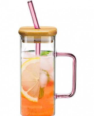 HEJISUN Reusable Glass Tumbler with Wooden Lids and Straws, Glass Iced  Coffee Mugs with Handle, 350ml | Dealsmagnet.com