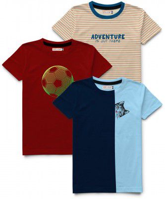 HELLCAT Boys Round Neck Printed Blended Cotton Tshirt -Combo Pack of 2 - Orange/Blue