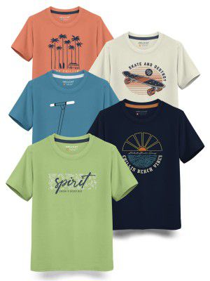 HELLCAT Boys Round Neck Printed Blended Cotton Tshirt -Combo Pack of 2 - Orange/Blue