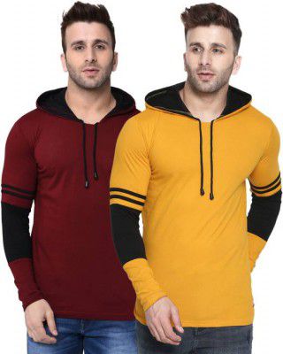 HELMONT Pack of 2 Men Color Block Hooded Neck Multicolor T-Shirt