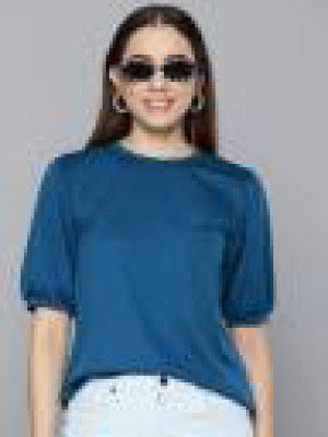 HERE&NOW  Casual Cuffed Sleeves Solid Women Dark Blue Top