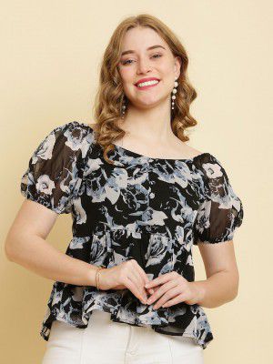 HERE&NOW Floral Printed Sweetheart Neck Puff Sleeve Chiffon Empire Top