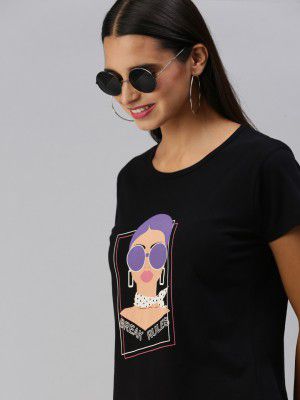 HERE&NOW HERENOW Women Black Printed Pure Cotton T-shirt