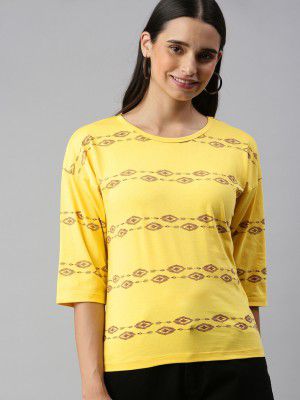 HERE&NOW HERENOW Women Yellow Brown Printed Drop-Shoulder Sleeves Pure Cotton T-shirt