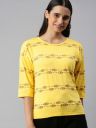 HERE&NOW HERENOW Women Yellow Brown Printed Drop-Shoulder Sleeves Pure Cotton T-shirt...