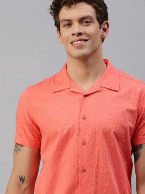 HERE&NOW Men Coral Orange & White Slim Fit Printed Casual Shirt