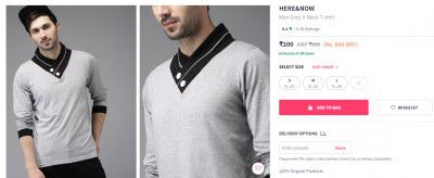 HERE&NOW Men Grey V-Neck T-shirt