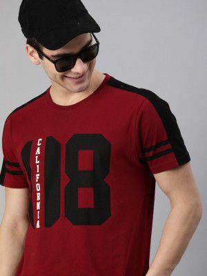 HERE&NOW Men Maroon Printed Cotton Pure Cotton T-shirt