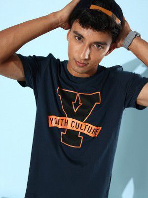 HERE&NOW Men Navy Blue Pure Cotton MOW Digital Yatra Updated Graphics T-shirt
