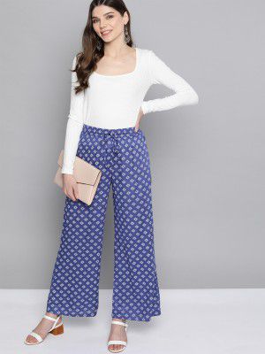 HERE&NOW Women Navy Blue & White Geometric Printed Wide Leg Palazzos