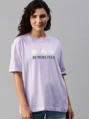 HERE&NOW Women Printed Round Neck Pure Cotton Purple T-Shirt