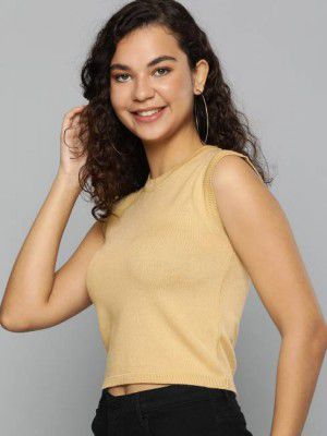 HERE&NOW  Women Solid Round Neck Beige Sweater