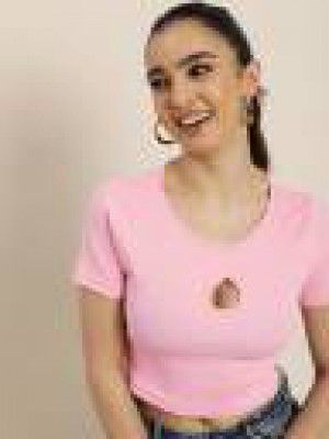 HERE&NOW  Women Solid Round Neck Pure Cotton Pink T-Shirt