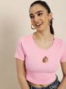 HERE&NOW  Women Solid Round Neck Pure Cotton Pink T-Shirt...