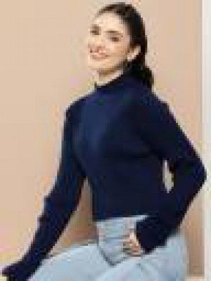 HERE&NOW  Women Solid Turtle Neck Blue Sweater