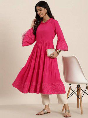 HERE&NOW  Women Solid Viscose Rayon A-line Kurta  (Pink)