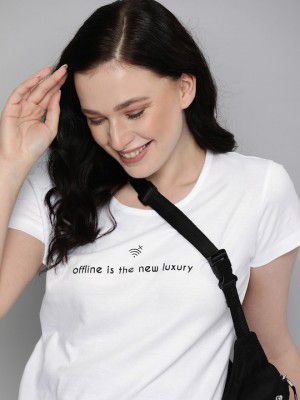 HERE&NOW Women White Typography Printed Pure Cotton T-shirt