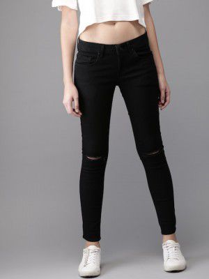 HERE&NOWWomen Black Skinny Fit Mid-Rise Slash Knee Stretchable Jeans