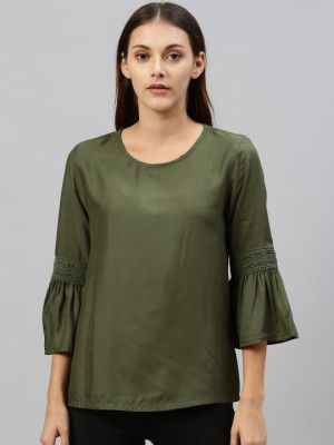 HERE&NOWWomen Olive Green Solid Top With Bell Lace Insert Sleeves