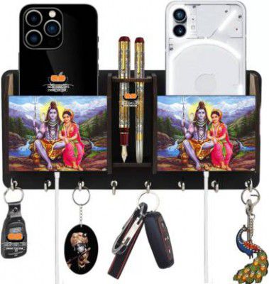 Heritagecrafts Shiv Parvati Wooden 2 Pocket Mobile and Pen holder 8 Hooks Wood Key Holder&nbsp;&nbsp;(8 Hooks, Brown)
