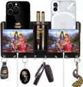 Heritagecrafts Shiv Parvati Wooden 2 Pocket Mobile and Pen holder 8 Hooks Wood Key Holder&nbsp;&nbsp;(8 Hooks, Brown)...