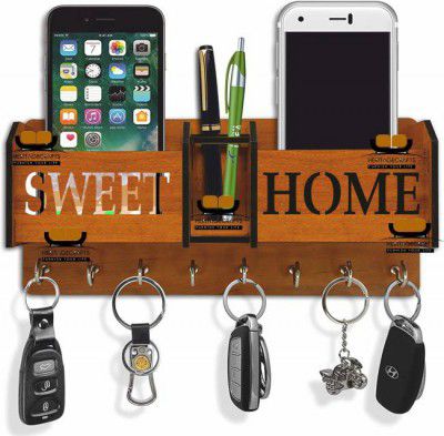Heritagecrafts Special Designer Sweet Home Unique Wooden 2 Pocket Mobile and Pen Wood Key Holder  (8 Hooks, Brown)