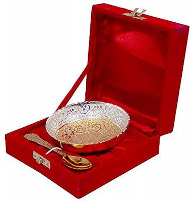 HHI Brass Solid Bowl with Velvet Box - Set of 2, Multicolour