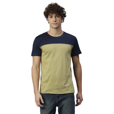 HIGH Star Men Navy Blue Green Colourblocked T-Shirt