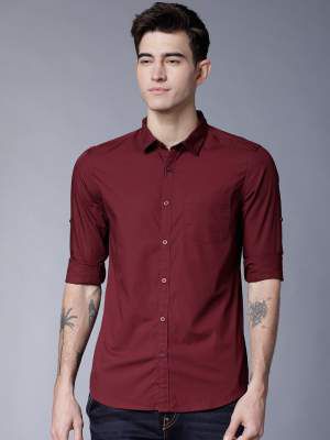 HIGHLANDER Men Maroon Slim Fit Solid Casual Shirt