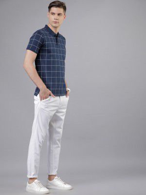 HIGHLANDER Men Navy Blue Checked Polo Collar T-shirt 
