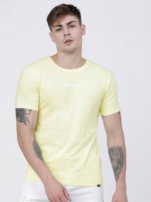 HIGHLANDER  Men Solid Round Neck Cotton Blend Yellow T-Shirt
