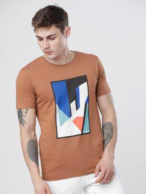 HIGHLANDER Printed Men Round Neck Brown T-Shirt