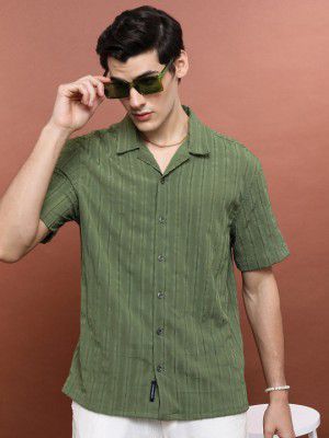 HIGHLANDER Vertical Stripes Cuban Collar Oversized Casual Shirt