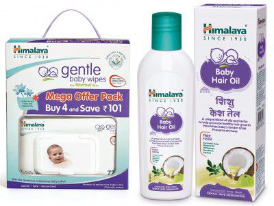 Himalaya Gentle Baby Wipes Mega Offer Pack (4N x 72s) Save Rs.101/- & Baby Hair Oil 200 ml(1 Count)