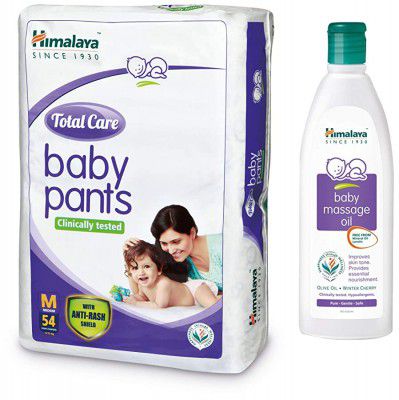 Himalaya Total Care Baby Pants Diapers, Medium, 54 Count & Himalaya Baby Massage Oil (200ml)