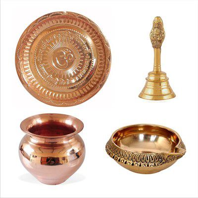 ||Himshikhar Pooja Samagri || Combo of Handmade Copper Lota | Kalash | Pooja Utensil & Pure Brass Made Garuda Ganti Pooja Thali | Religious Copper Kuber Deepak (Diya) for Pooja and Gift Purpose