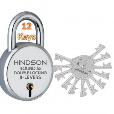 HINDSON Lock Round 65mm with 12 Key, Steel Double Locking, 8 Lever Padlock for Door, Gate, Shutter ( Finish Silver ) (12 Keys)