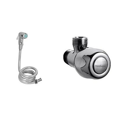 Hindware F160013CP ABS Health Faucet with PVC Flexible Tube and Wall Hook, Jet Spray for Toilet & Hindware F850030CP Angular Stop Cock, Angle Valve for Bathroom with Chrome Finish