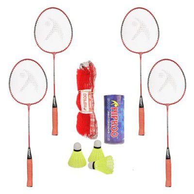 Hipkoo Sports Standard Aluminum Badminton Rackets Set of 4| Wide Body Shuttle Bat with Cover, 3 Shuttles and Net| Ideal for Beginner| Lightweight and Sturdy| Red