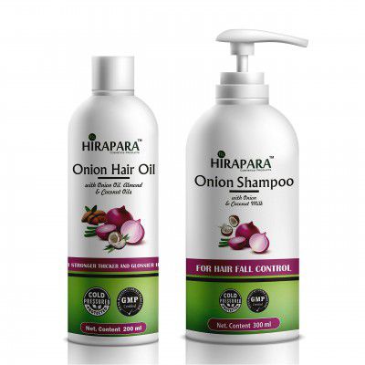HIRAPARA COSMETICS Natural Onion shampoo and Onion Hair Oil With Almond & Coconut Oil for hair strengthening & hairfall control - Paraben & Sulphate free 500 ml (Pack Of 2)