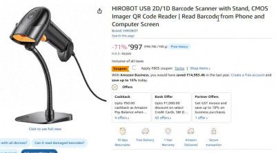 HIROBOT USB 2D/1D Barcode Scanner with Stand, CMOS Imager QR Code Reader | Read Barcode from Phone and Computer Screen