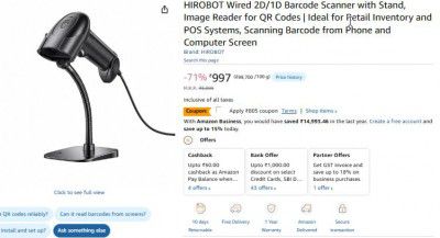 HIROBOT Wired 2D/1D Barcode Scanner with Stand, Image Reader for QR Codes