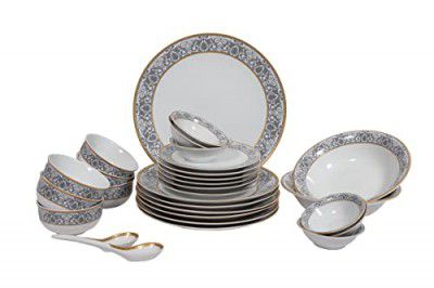 Hitkari Porcelain Verona Light Dinner Set 39 Pcs.|Dinner Set for 6|Material: Porcelain|Luxury Dinnerware with Pure Gold Lining | White, Large