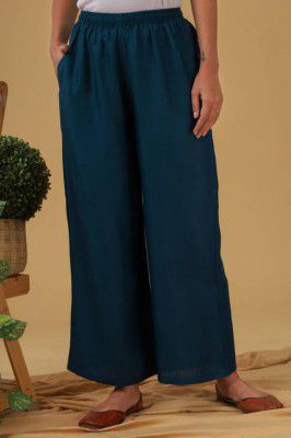 hkf  Women Relaxed Light Blue Cotton Blend Trousers