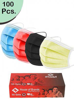 Hobf Pack of 100 3 Ply Dispossible Face Mask for (Pack of 100 Pcs,Each Color of mask 25 Pcs.)
