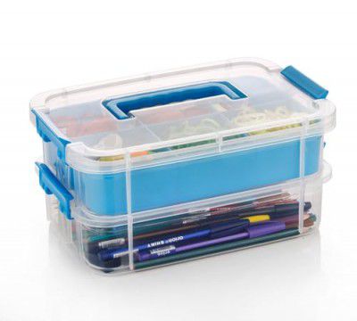 HOLLIO plastic boxes for Storage transparent boxes for storage, Portable & Stackable Space Saving Organiser with Lid for Medicine, Jewelry, Arts & Crafts, Buttons, Beads (Blue, 2 TIER WITH 1 TRAY)