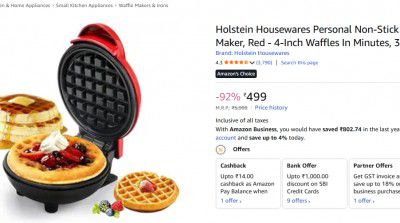 Holstein Housewares Personal Non-Stick Waffle Maker, Red - 4-Inch Waffles In Minutes, 350 Watt