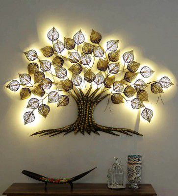 Home and Bazaar Rajasthani Ethnic Handcrafted Powder Coated Metal Decorative Tree Wall Art (Golden with LED, 55x2x38 Inch)