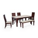 @home by Nilkamal Ashton 6 Seater Solid Wood Dining Table Set with Chairs & Bench in Milky White & Walnut Finish ...