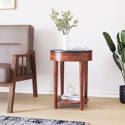 @home by Nilkamal Kyran Marble Top Round Solid Wood Side Table